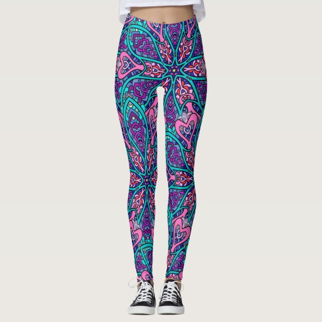 Farbenfrohe Kunst, Lila Pink Aqua Mandala Design Leggings (Vorderseite)