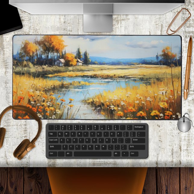 Farbenfrohe Kunst Sommerlandschaft Schreibtischunterlage (Desk mat featuring a colorful painting of a spacious summer landscape with a creek and wildflowers)