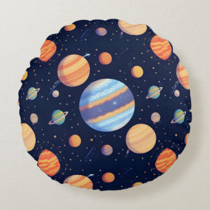 Farbenfrohe künstlerische Darstellung von Planeten Rundes Kissen