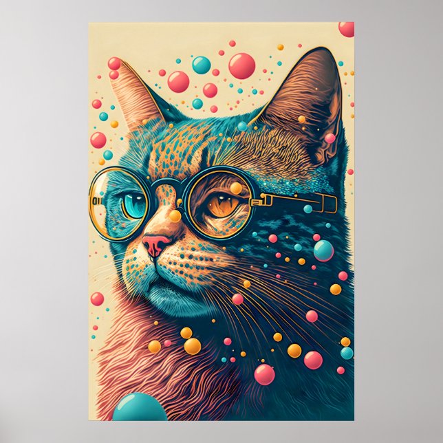 Farbenfrohe künstlerische Kitty Cat Illustration Poster (Vorne)