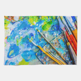 Farbenfrohe künstlerische Palette und Pinsel einzi Geschirrtuch