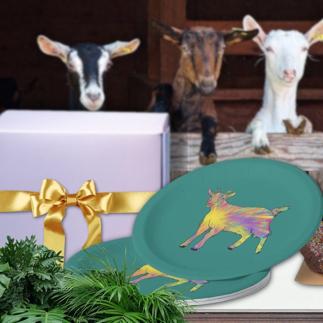 Farbenfrohe künstlerische Ziege auf Dingen einfach Pappteller (Cute goat colorful farm animal party paper plate)