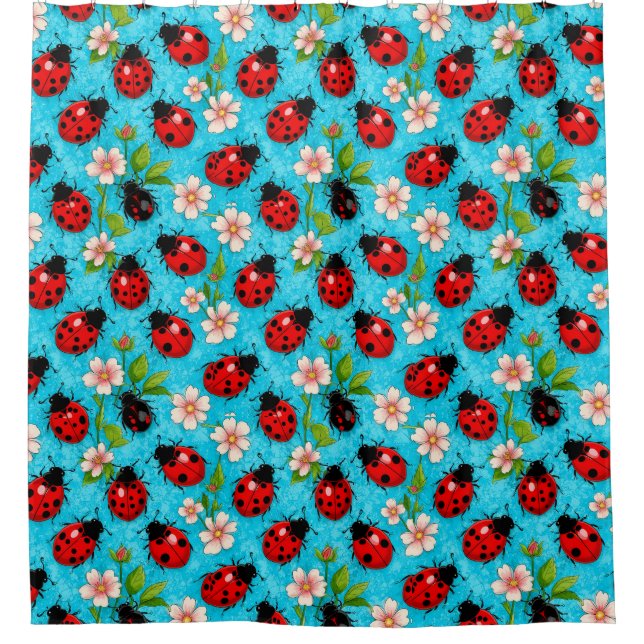 Farbenfrohe Ladybug-Muster mit Blume Duschvorhang (Vorderseite)