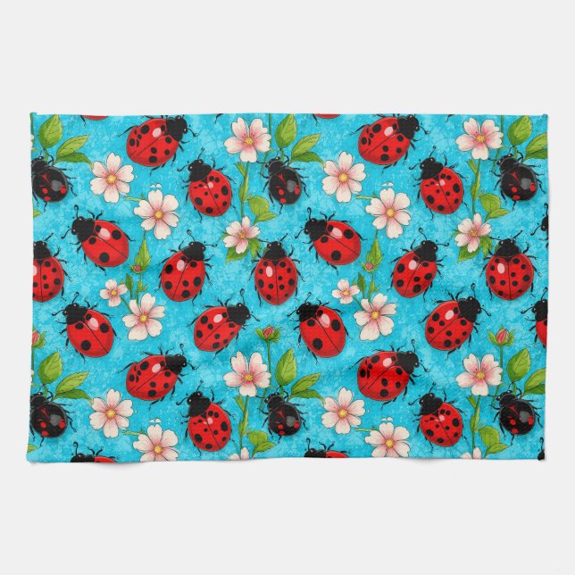 Farbenfrohe Ladybug-Muster mit Blume Geschirrtuch (Horizontal)