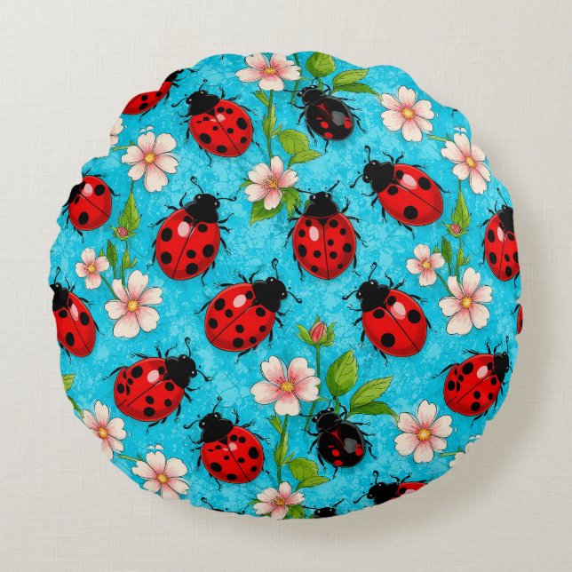 Farbenfrohe Ladybug-Muster mit Blume Rundes Kissen (Vorderseite)