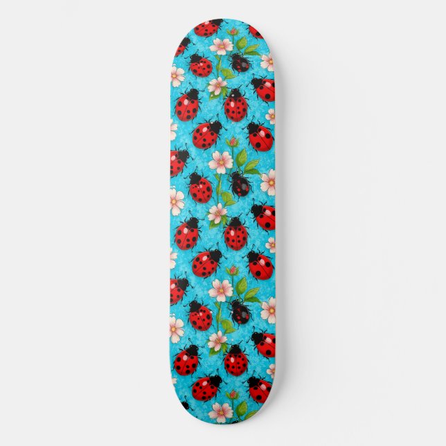 Farbenfrohe Ladybug-Muster mit Blume Skateboard (Vorderseite)