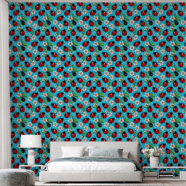 Farbenfrohe Ladybug-Muster mit Blume Tapete (Schlafzimmer)