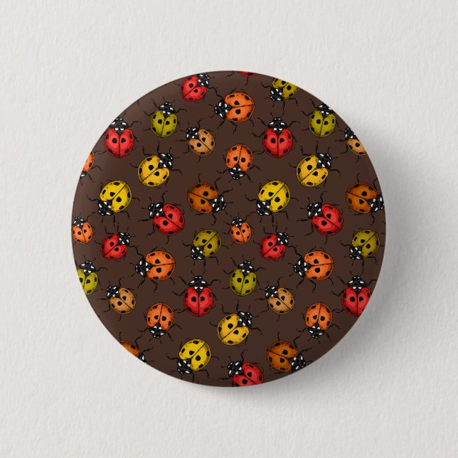 Farbenfrohe Ladybugs auf braun Button (Vorderseite)