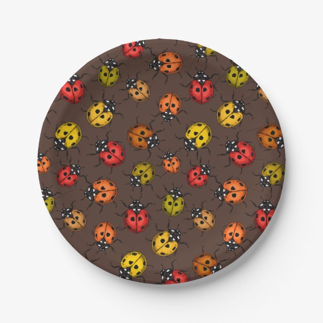 Farbenfrohe Ladybugs auf braun Pappteller (Vorderseite)