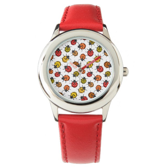 Farbenfrohe Ladybugs auf weiß Armbanduhr (Vorderseite)