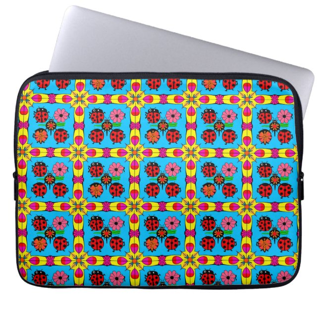 farbenfrohe Ladybugs und Blume Laptopschutzhülle (Vorderseite)