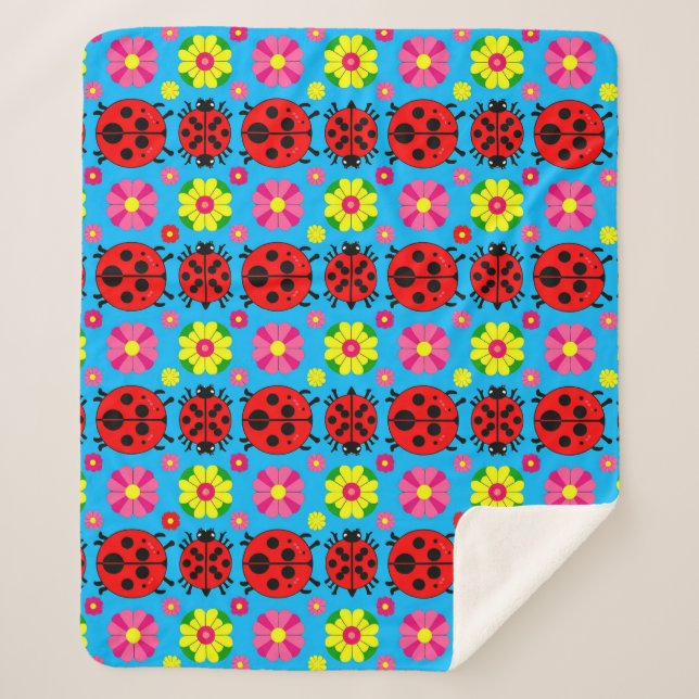 farbenfrohe Ladybugs und Blume Sherpadecke (Vorderseite)