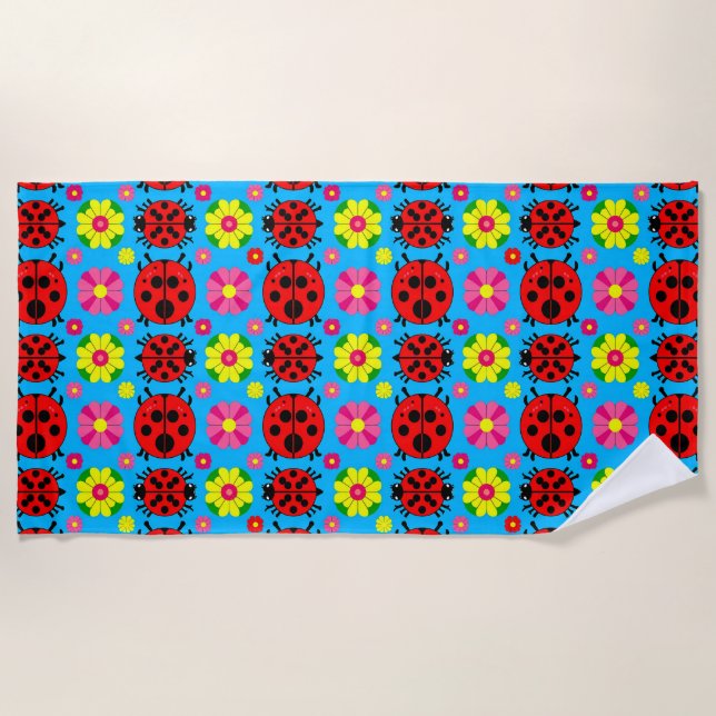 farbenfrohe Ladybugs und Blume Strandtuch (Vorderseite)