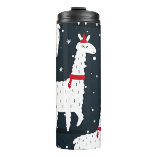 Farbenfrohe Lamas: Nahtloses Tiermotiv mit Schnee. Thermosbecher