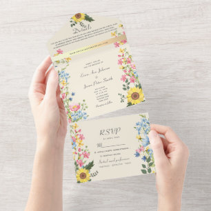 Farbenfrohe ländliche Hochzeit mit Blumen All In One Einladung