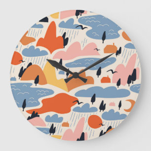 Farbenfrohe Landschaft, Berge, Seen, nahtlos. Große Wanduhr