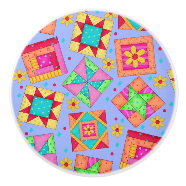 Farbenfrohe Lavender Quilt Patchwork Block Kunst Keramikknauf (Vorderseite)
