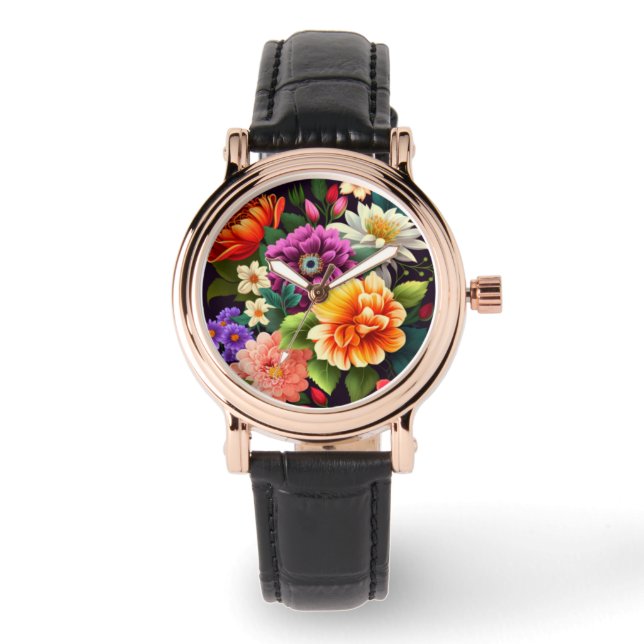 Farbenfrohe lebendige Blume Armbanduhr (Vorderseite)