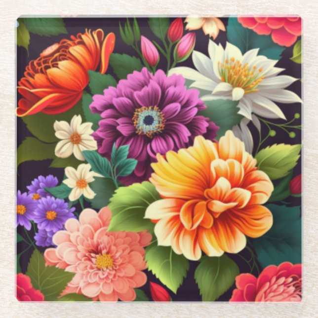 Farbenfrohe lebendige Blume Glasuntersetzer (Vorderseite)