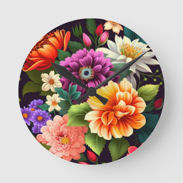 Farbenfrohe lebendige Blume Runde Wanduhr (Vorderseite)