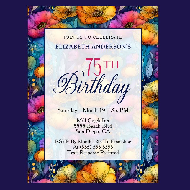 Farbenfrohe Lebendige Mohnblume 75. Geburtstag Einladung (Colorful poppy floral 75th birthday invitation for woman milestone birthday celebration )