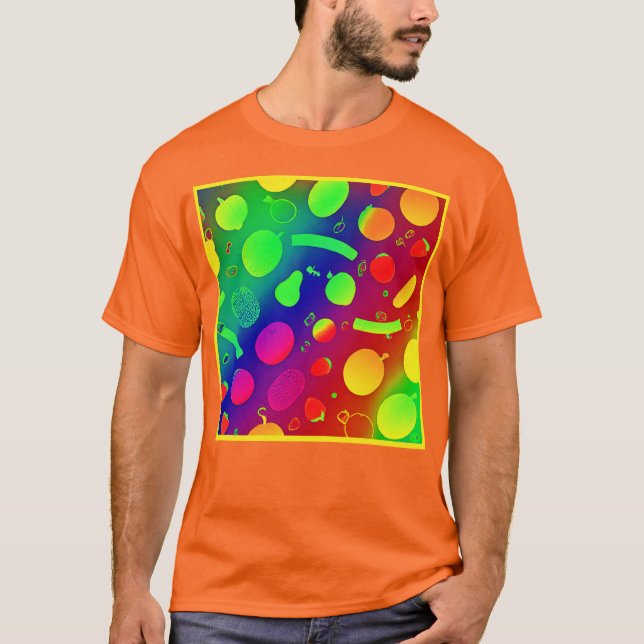 Farbenfrohe, lebendige Neon Frucht Muster Kunst T-Shirt (Vorderseite)