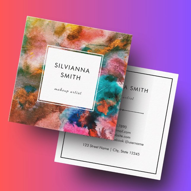 Farbenfrohe, lebendige Orange Wasserfarbe Abstrakt Quadratische Visitenkarte (Modern Colorful Blue Pink brown watercolor background square business card)