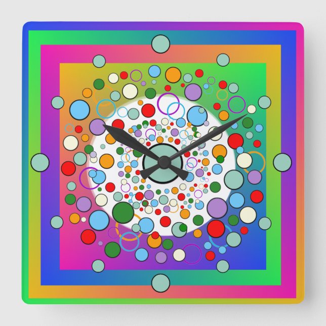 Farbenfrohe, lebendige Regenbogenkreise und Dots S Quadratische Wanduhr (Vorderseite)