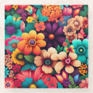 Farbenfrohe, lebendige Vintage Blume Glasuntersetzer