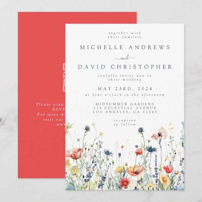Farbenfrohe lebendige Wildblume QR Code Hochzeit Einladung (Vorne/Hinten)