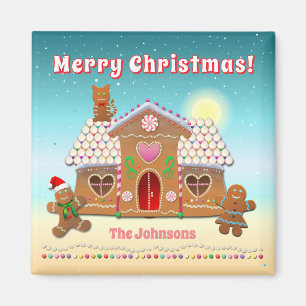 Farbenfrohe Lebkuchenunterkunft mit Katze auf dem Magnet