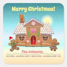 Farbenfrohe Lebkuchenunterkunft mit Katze auf dem  Quadratischer Aufkleber