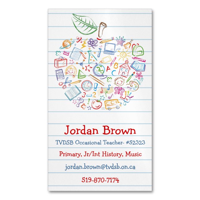 Farbenfrohe Lehrer Apple Business Card Magnet 2 (Vorderseite Vertikal)