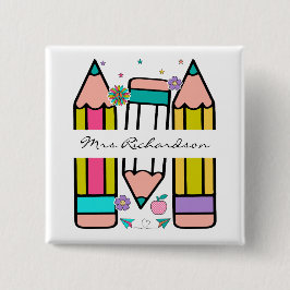 Farbenfrohe Lehrerin Name Bleistift-Cartoon Button