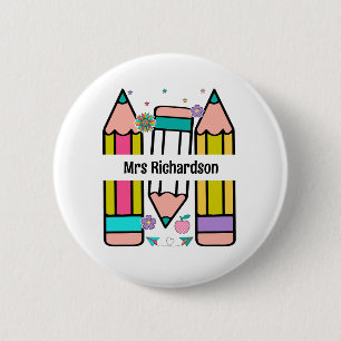 Farbenfrohe Lehrerin Name Bleistift-Cartoon Button