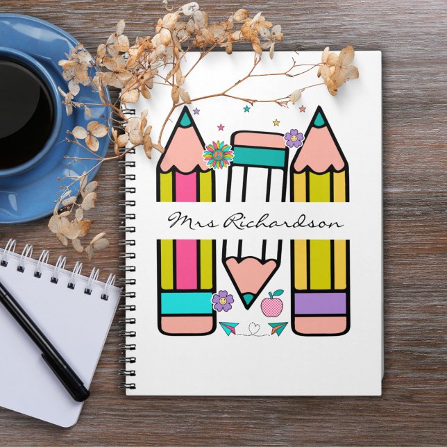 Farbenfrohe Lehrerin Name Bleistift-Cartoon Notizblock (Von Creator hochgeladen)
