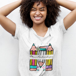 Farbenfrohe Lehrerin Name Bleistift Cartoon T - Sh T-Shirt