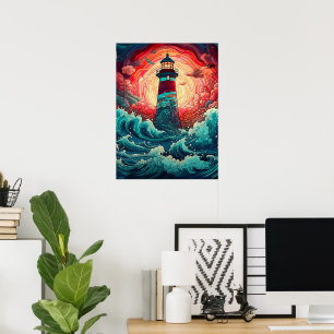 Farbenfrohe Leuchtturmwand am Meer Poster