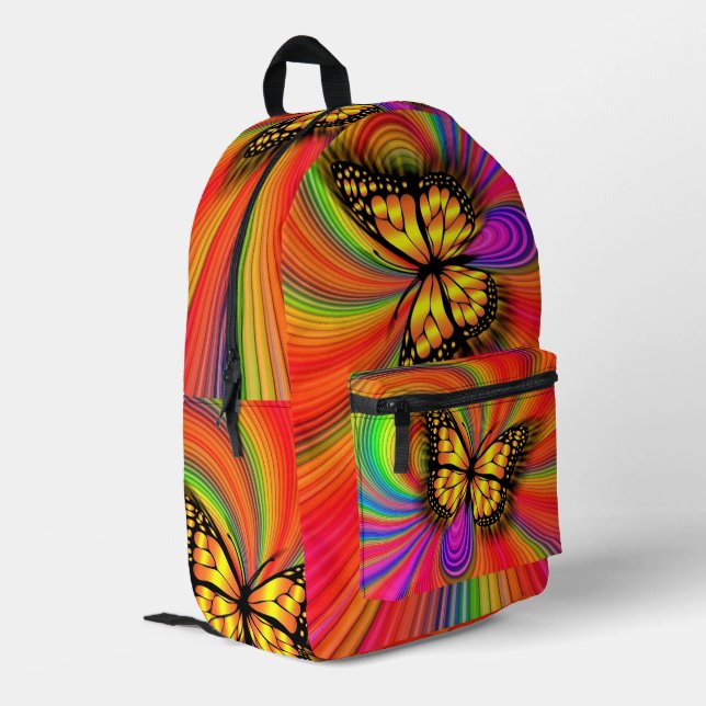 Farbenfrohe Lichter Fliegender Gold Schmetterling- Bedruckter Rucksack (Rückseitige Ecke links)
