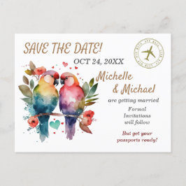Farbenfrohe Liebesvögel, Save the Date Luftpost Feiertagspostkarte