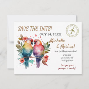 Farbenfrohe Liebesvögel, Save the Date Mitteilungskarte