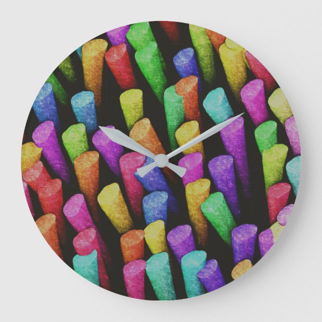 Farbenfrohe Lila Aqua Gelbe Khalk Crayons Große Wanduhr (Vorderseite)