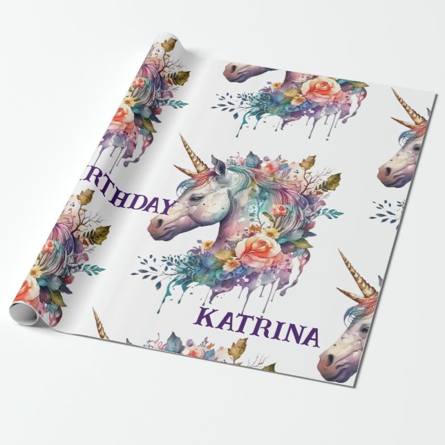 Farbenfrohe Lila Magie Florenz Einhorn Wasserfarbe Geschenkpapier (Ungerollt)