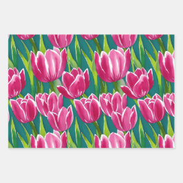 Farbenfrohe Lila Rot-Gelb-Wasserfarbe Tulip Geschenkpapier Set