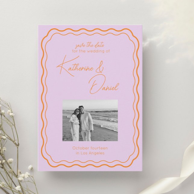 Farbenfrohe Lila und orangefarbene Save the Date H Einladung (Von Creator hochgeladen)