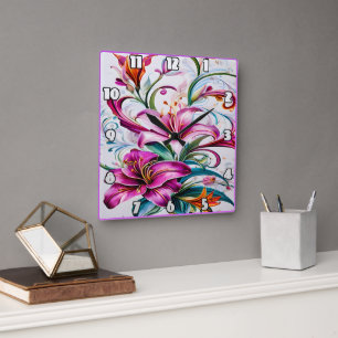 Farbenfrohe Lily-Blume im lebhaften Blumendesign Quadratische Wanduhr