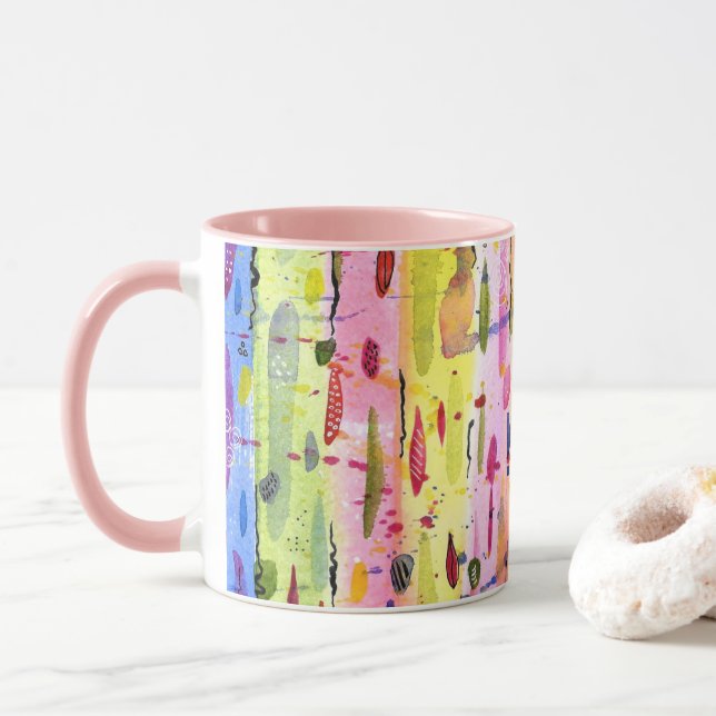 Farbenfrohe Linien Wasserfarben Abstrakt Tasse (Mit Donut)