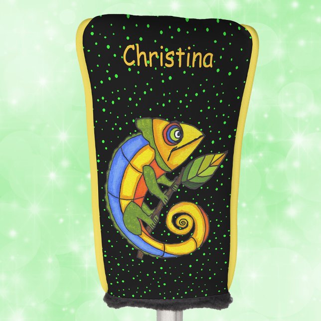 Farbenfrohe Lizard auf den grünen Punkten der Zwei Golf Headcover (Brightly coloured fantasy lizard leaf green polka dots on black golf club cover.)