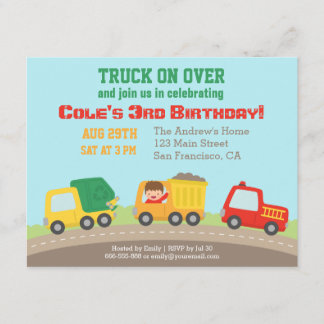 Farbenfrohe LKW Boys Geburtstagsparty Einladungen
