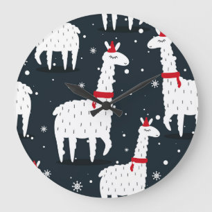 Farbenfrohe Llamas: Nahtloses Tiermotiv mit Schnee Große Wanduhr